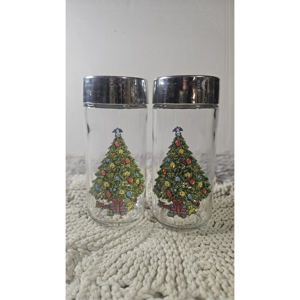 Christmas Tree Glass Salt and Pepper Shakers Vintage 80s New In Box